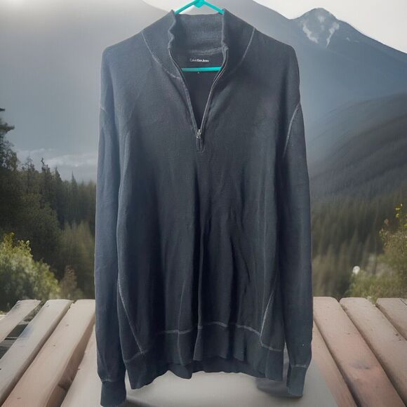 Calvin Klein Jeans Sweater Mens XL Black  Long Sleeved Quarter Zip Tight Knit - Picture 1 of 6